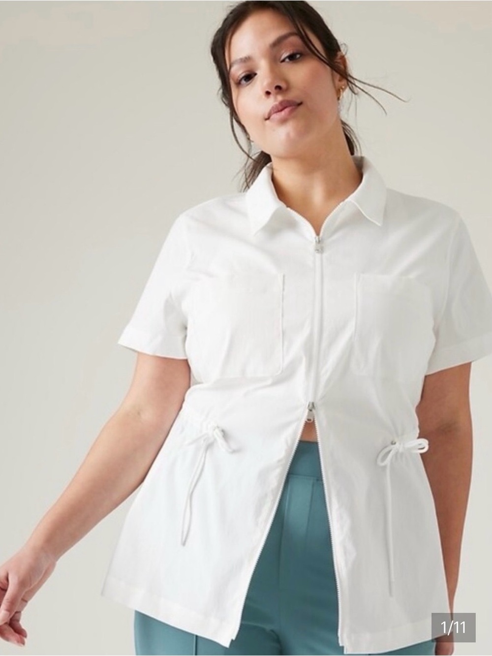Athleta White Short-Sleeve Zip-Front Drawstring Shirt